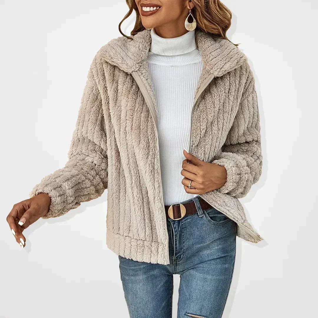 Beige Carmen women's jacket by Christine Brewer, casual plush cardigan with a cozy, stylish design.