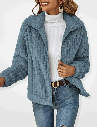 Blue Carmen jacket for women, style #2307 Hannah by Christine Brewer, featuring a cozy casual plush cardigan design.