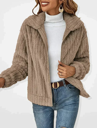 Khaki Carmen women's jacket by Christine Brewer, casual plush cardigan with a cozy, stylish design.