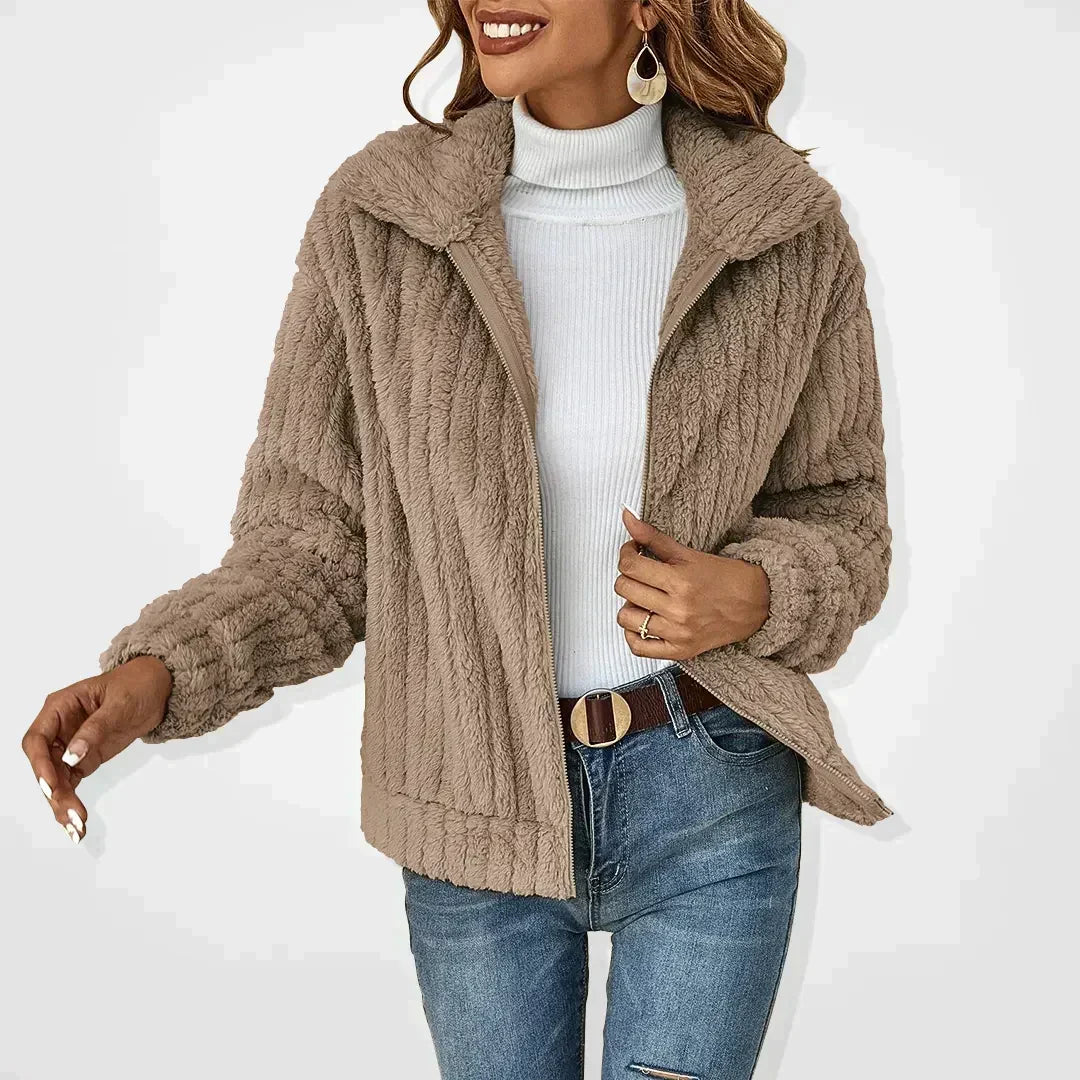 Khaki Carmen women's jacket by Christine Brewer, casual plush cardigan with a cozy, stylish design.
