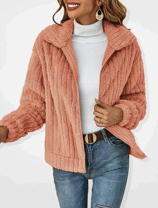 Pink women's Carmen Hannah casual plush cardigan jacket by Christine Brewer, featuring a cozy, soft fabric and stylish design.