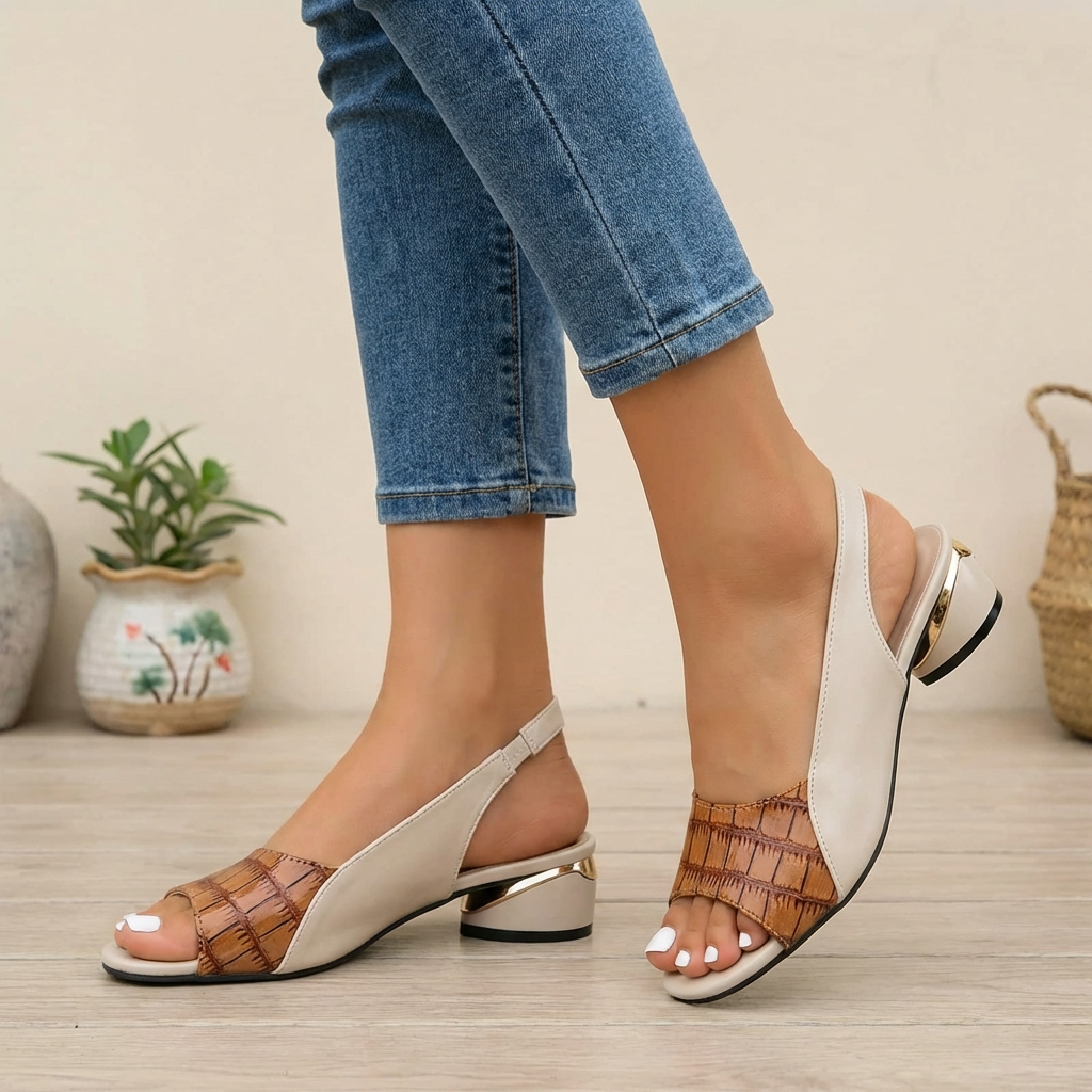 Brown textured slingback block heel sandals with open toe and gold accent by Christine Brewer.