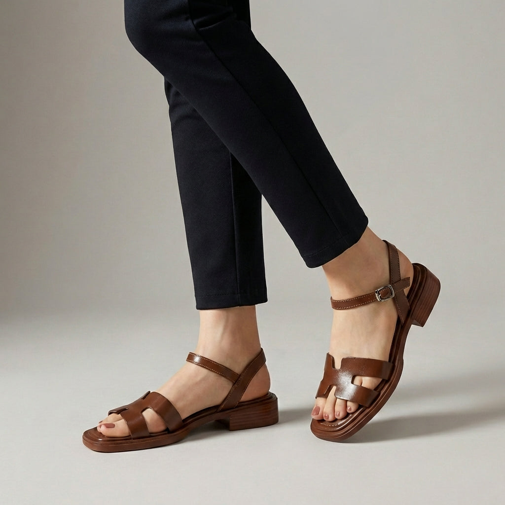 Brown ankle-length flat sandals with ankle strap and buckle by Christine Brewer, featuring a stylish and comfortable design.