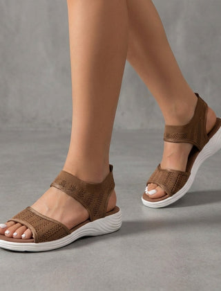 Brown knit ankle-strap sandals for women by Christine Brewer, featuring open toes and stylish strap details.
