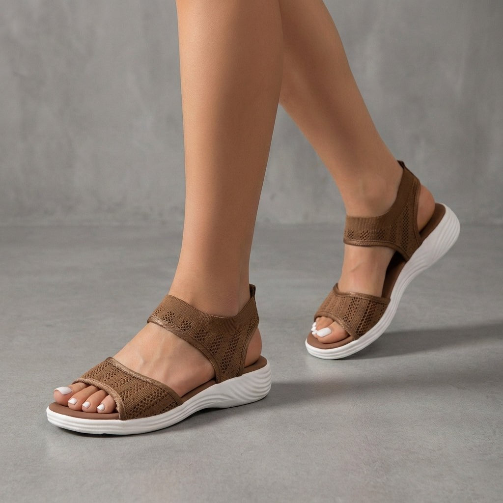 Brown knit ankle-strap sandals for women by Christine Brewer, featuring open toes and stylish strap details.
