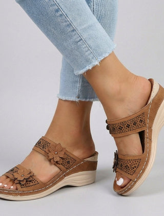 Brown floral strap wedge heeled sandals for women by Christine Brewer, featuring a stylish design and comfortable footwear.