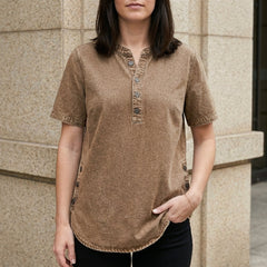 Brown denim summer top for women with button front by Christine Brewer, featuring a casual sleeveless design.