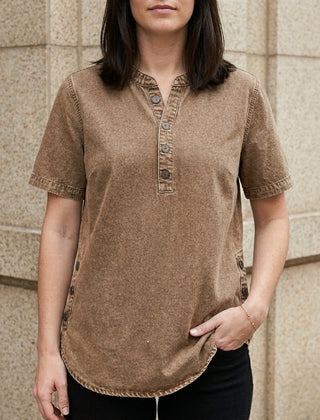 Brown denim summer top for women with button front by Christine Brewer, featuring a casual sleeveless design.
