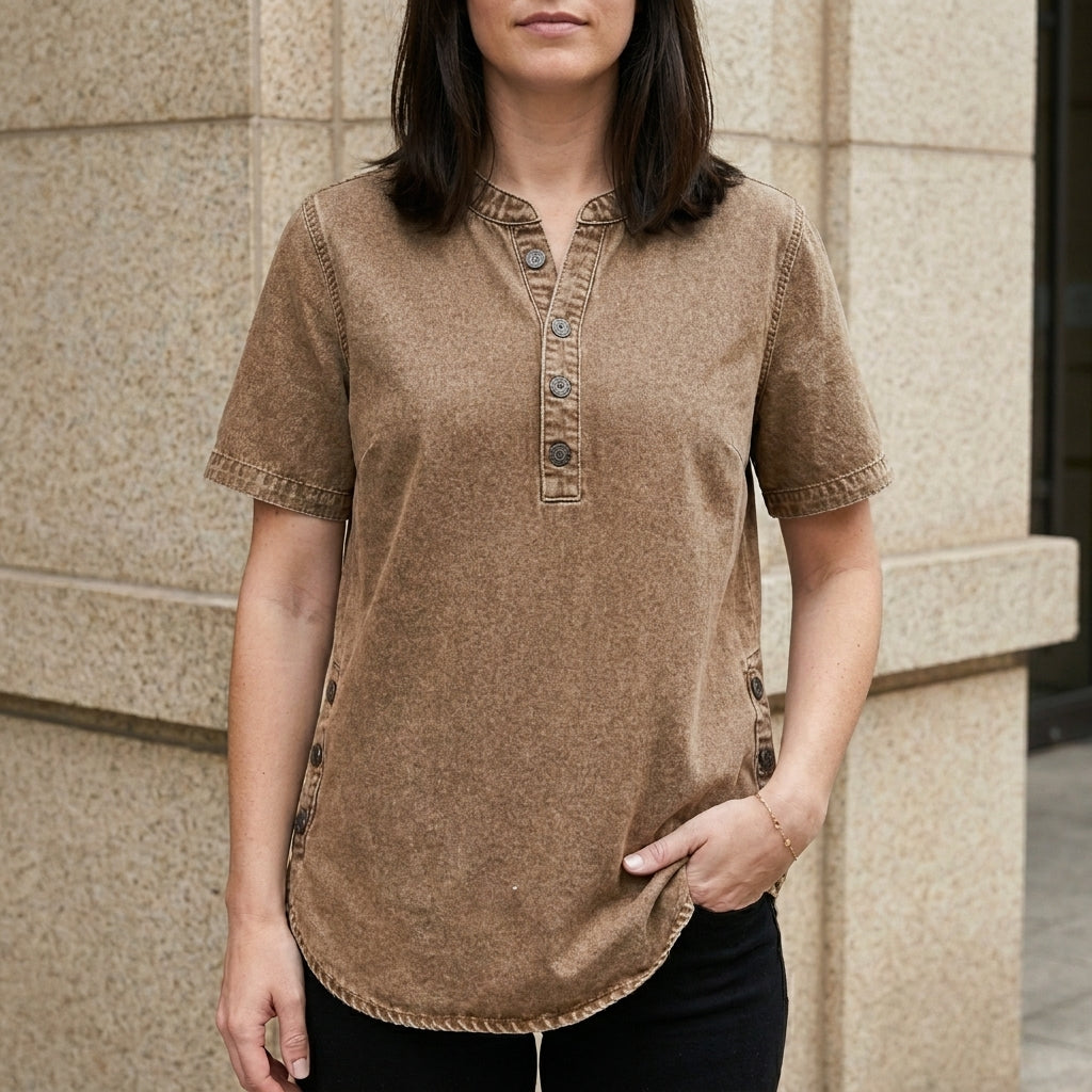 Brown denim summer top for women with button front by Christine Brewer, featuring a casual sleeveless design.