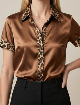 Brown leopard print summer blouse for women by Christine Brewer, short sleeve top, stylish and lightweight for warm weather.