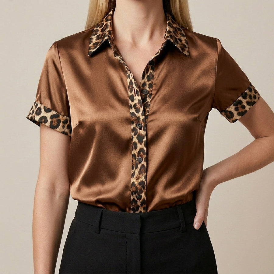 Brown leopard print summer blouse for women by Christine Brewer, short sleeve top, stylish and lightweight for warm weather.