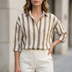 Brown striped long sleeve summer blouse for women by Christine Brewer, featuring a stylish and comfortable top.