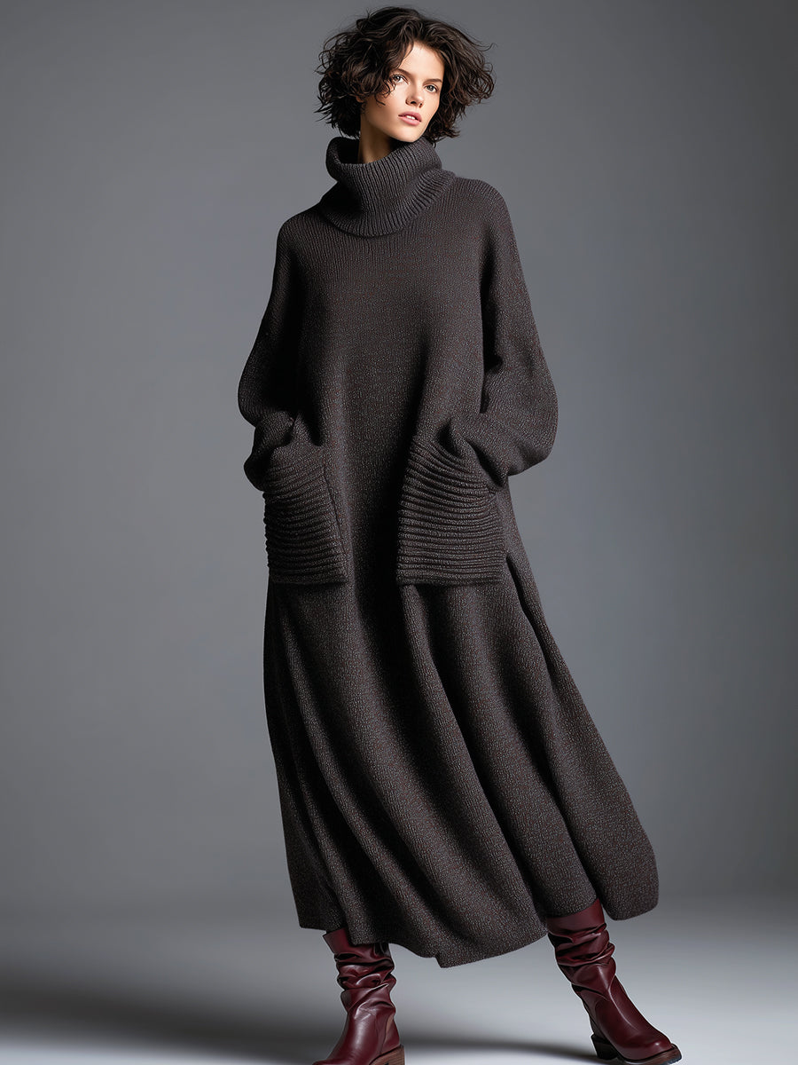 Brown knit maxi dress for women by Christine Brewer, featuring a flowing design and long sleeves, shown on a model.
