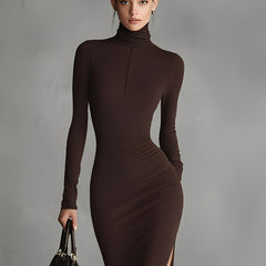 Brown turtleneck dress for women by Christine Brewer, featuring a fitted silhouette and long sleeves.