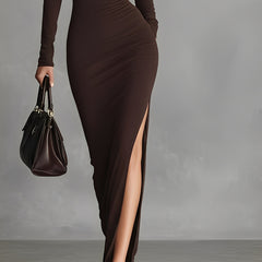 Brown turtleneck dress for women by Christine Brewer, featuring a fitted silhouette and long sleeves.