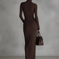 Brown turtleneck dress for women by Christine Brewer, featuring a fitted silhouette and long sleeves, displayed on a plain background.