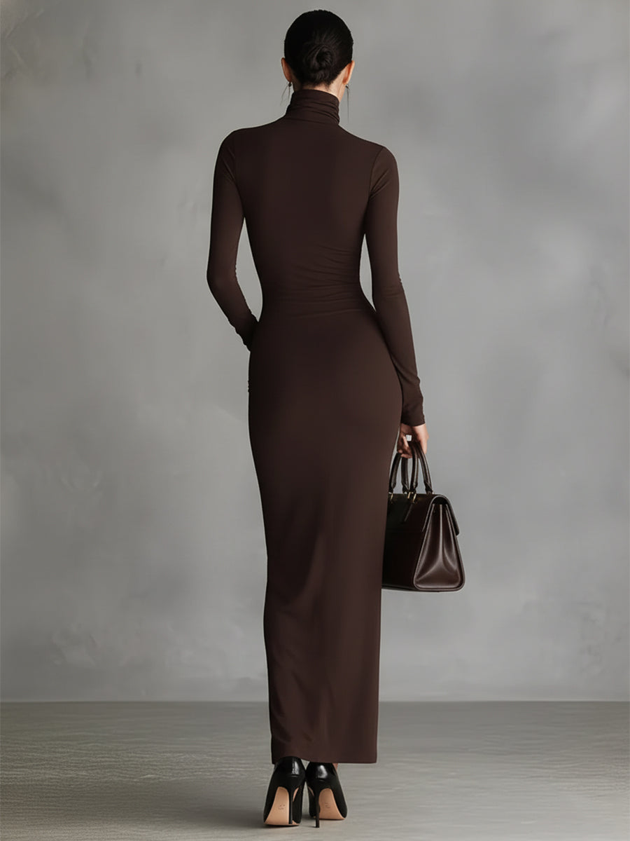 Brown turtleneck dress for women by Christine Brewer, featuring a fitted silhouette and long sleeves, displayed on a plain background.