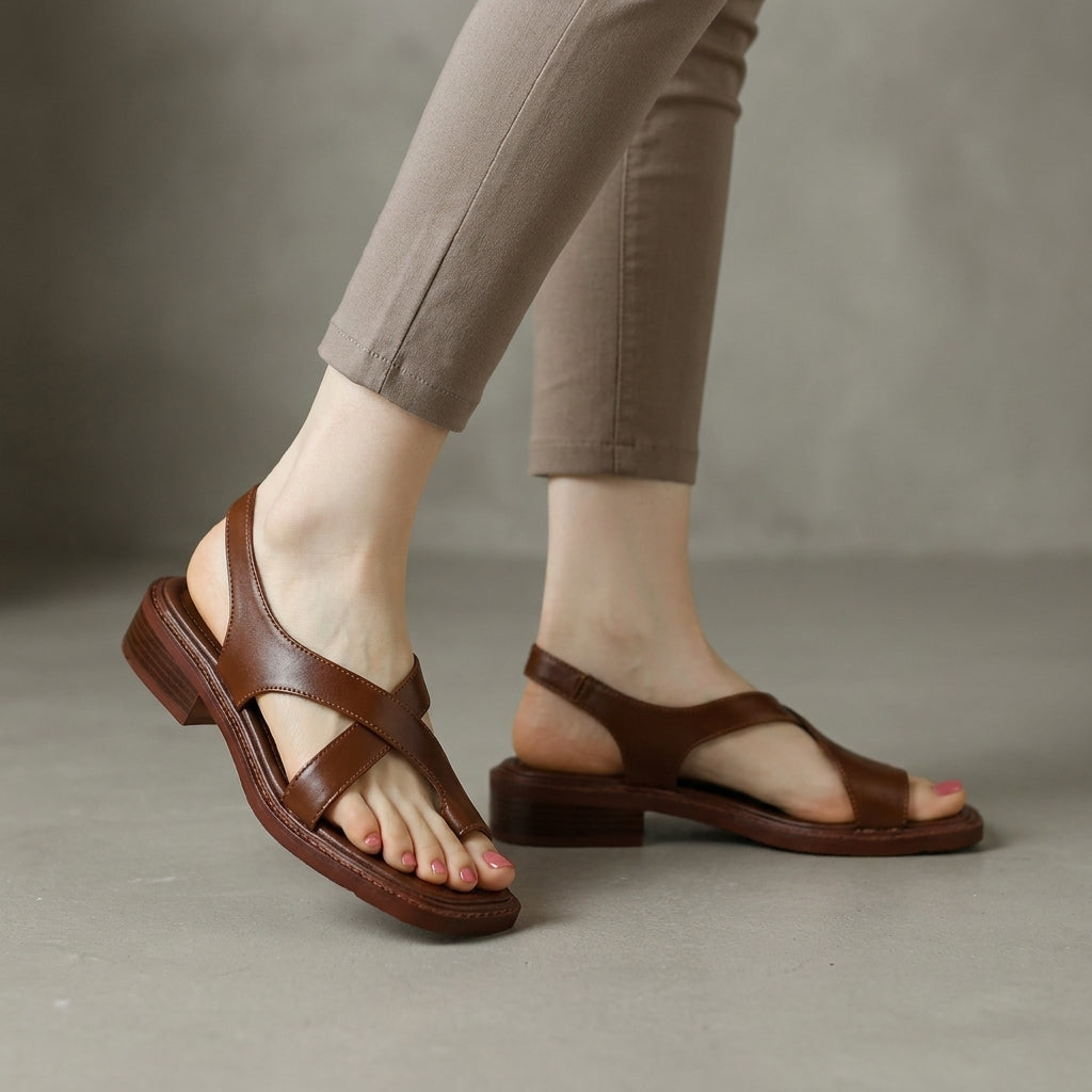 Brown Christine Brewer square-toe block-heel criss-cross sandals for women with stylish design and comfortable fit.