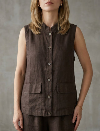 Brown sleeveless denim summer blouse for women with button front and casual style by Christine Brewer.