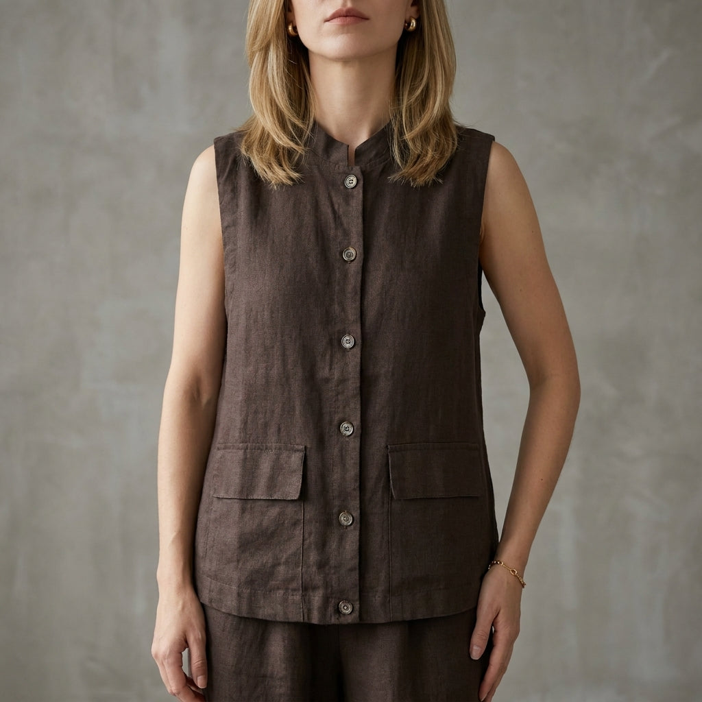 Brown sleeveless denim summer blouse for women with button front and casual style by Christine Brewer.