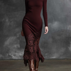 Elegant burgundy lace maxi dress by Christine Brewer with flowing fabric and intricate lace details, designed for evening occasions.
