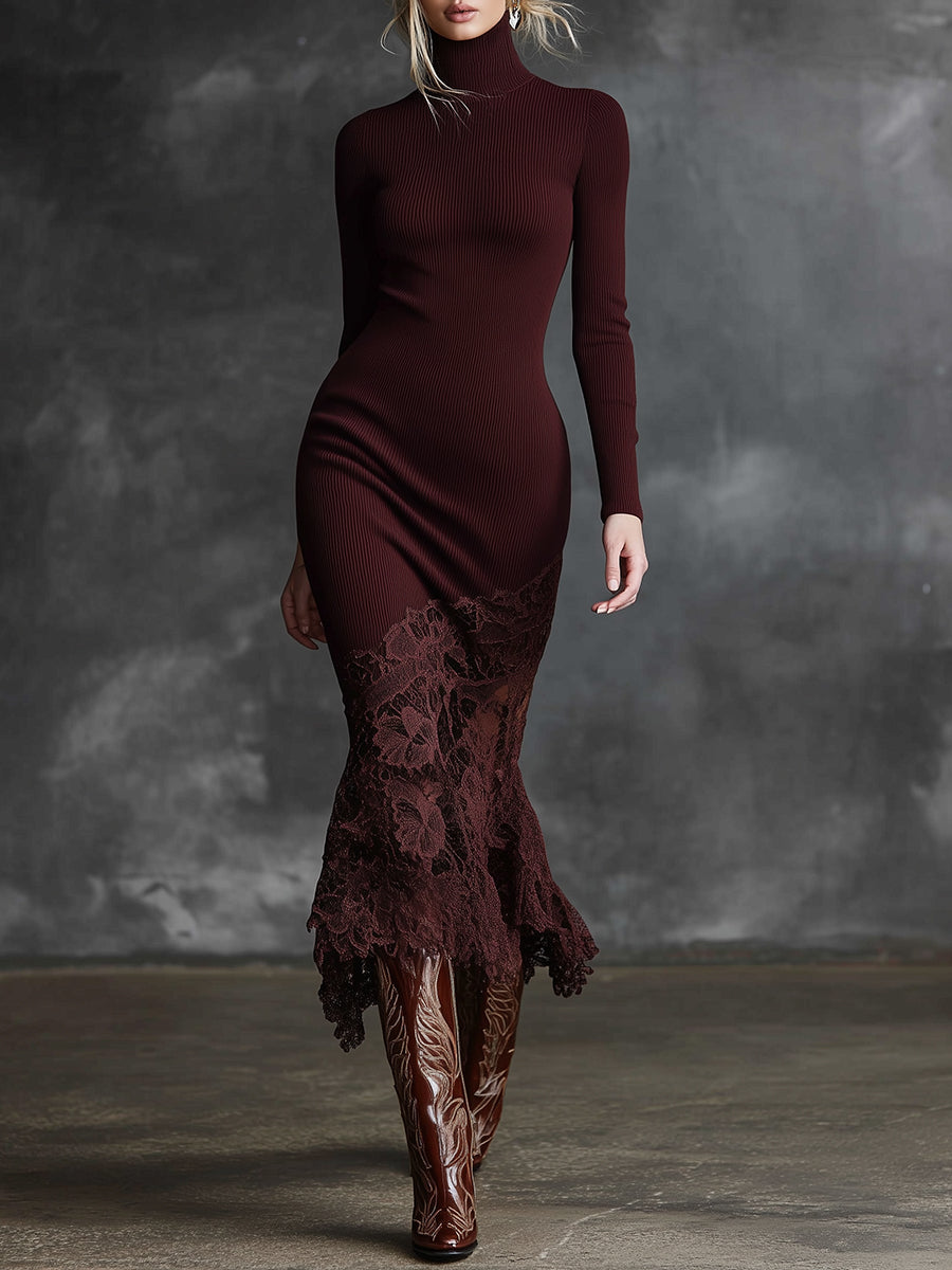 Elegant burgundy lace maxi dress by Christine Brewer with flowing fabric and intricate lace details, designed for evening occasions.
