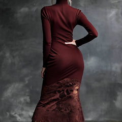 Burgundy lace maxi dress by Christine Brewer featuring an elegant evening dress with intricate lace details and flowing fabric.
