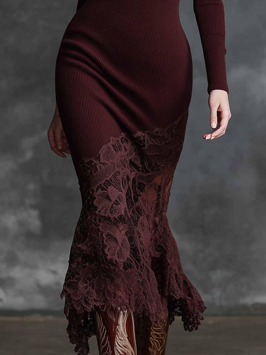 Burgundy lace maxi dress by Christine Brewer featuring elegant evening dress with intricate lace details and flowing silhouette.