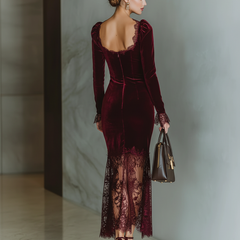 Burgundy velvet maxi dress by Christine Brewer featuring a flowing evening dress design with elegant long sleeves and a fitted waist.