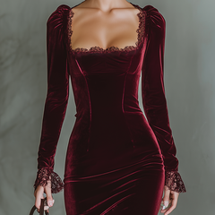 Elegant burgundy velvet maxi dress by Christine Brewer, featuring a flowing silhouette and evening wear style.