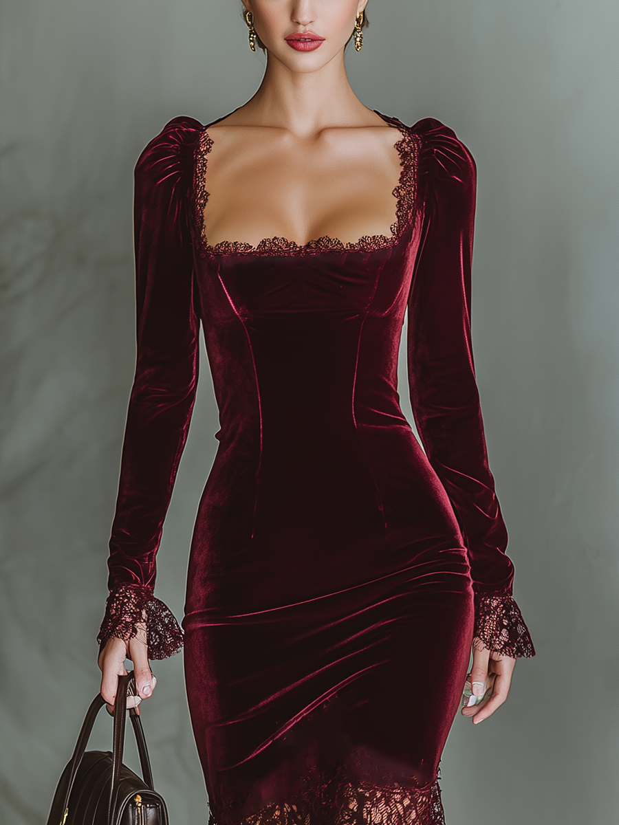 Elegant burgundy velvet maxi dress by Christine Brewer, featuring a flowing silhouette and evening wear style.