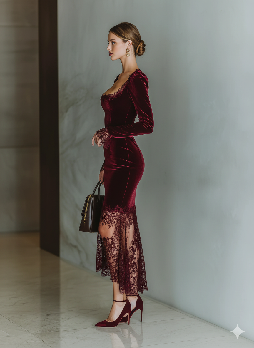 Burgundy velvet maxi dress by Christine Brewer, elegant evening dress with flowing fabric and a fitted silhouette.