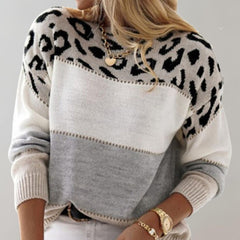 Gray Laura Alicia leopard print graphic sweater for women by Christine Brewer, featuring a stylish animal pattern design.