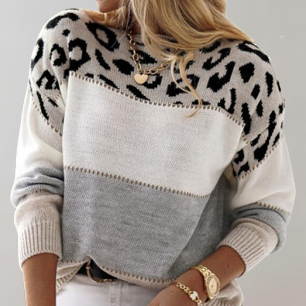 Gray Laura Alicia leopard print graphic sweater for women by Christine Brewer, featuring a stylish animal pattern design.