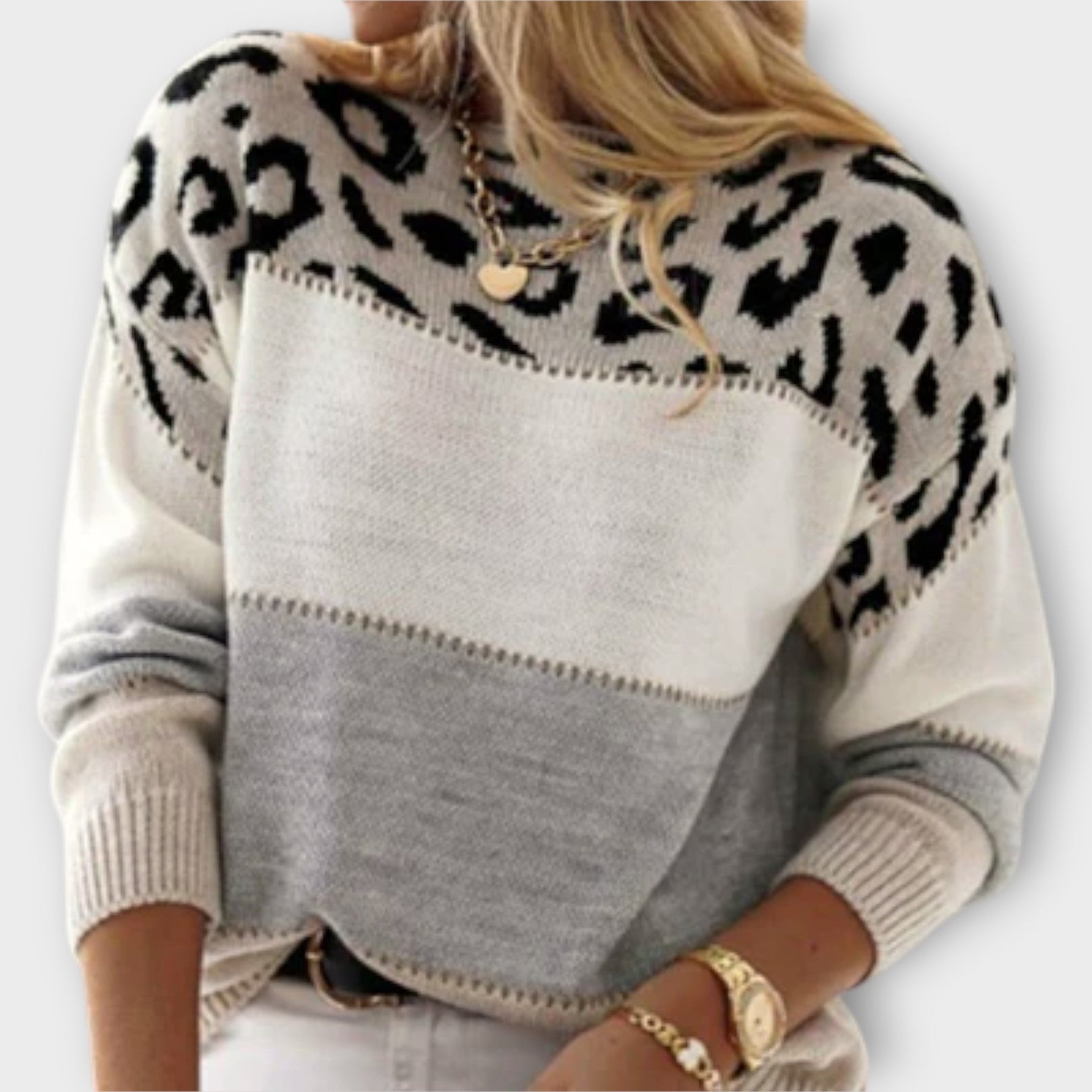 Leopard print graphic sweater for women by Christine Brewer, featuring a cozy, stylish gray sweater with bold animal print design.