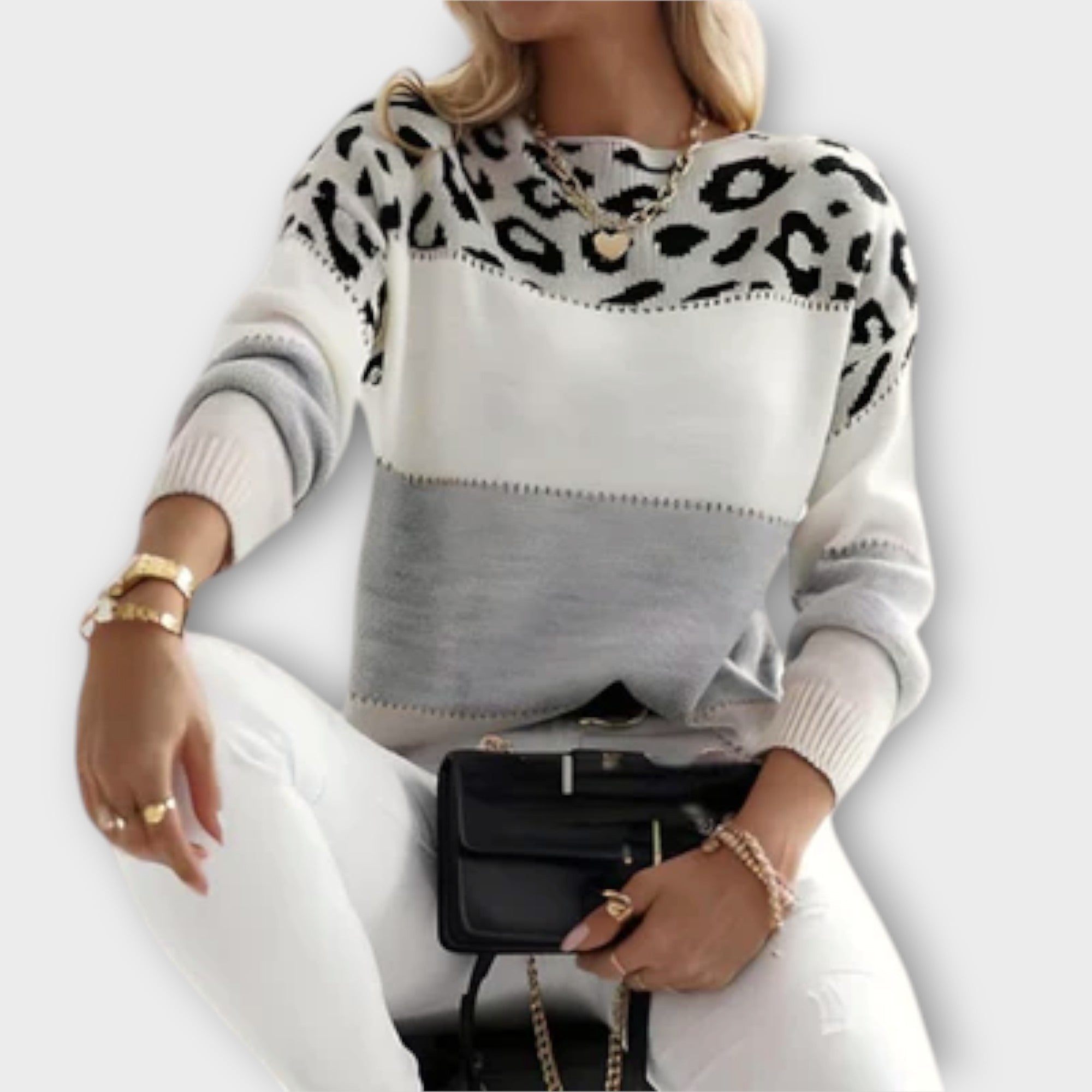 Leopard print graphic sweater for women, Lucille by Christine Brewer, featuring a cozy gray knit with bold animal print design.