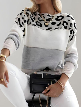 Leopard print graphic sweater for women, Alicia by Christine Brewer, Laura brand, featuring a stylish gray design and bold animal print.
