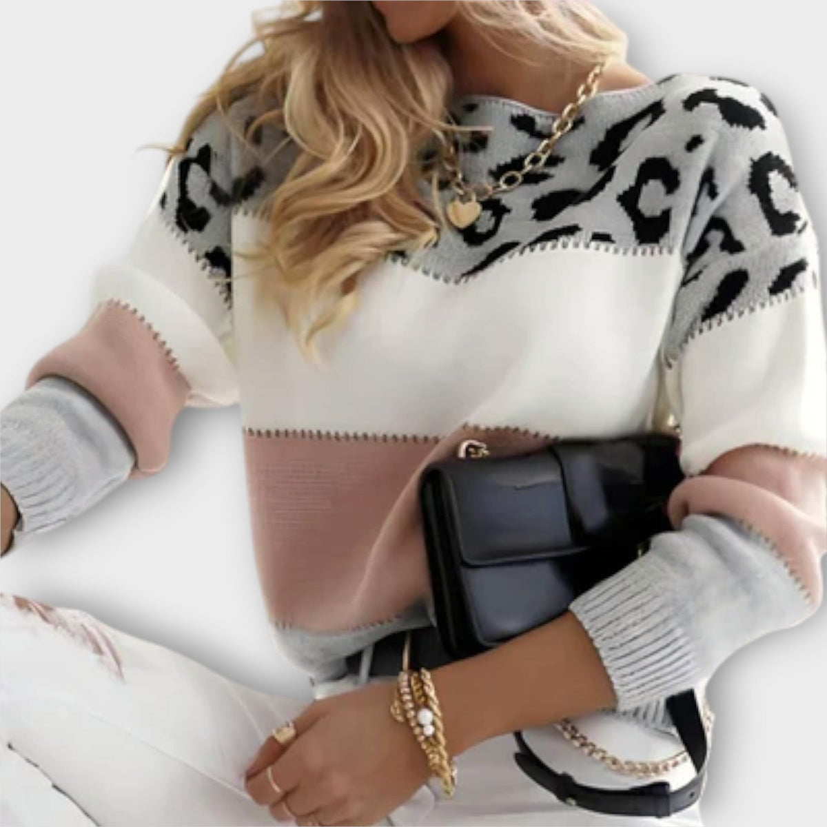Leopard print graphic sweater for women by Christine Brewer, featuring a pink and black pattern, casual and stylish for everyday wear.