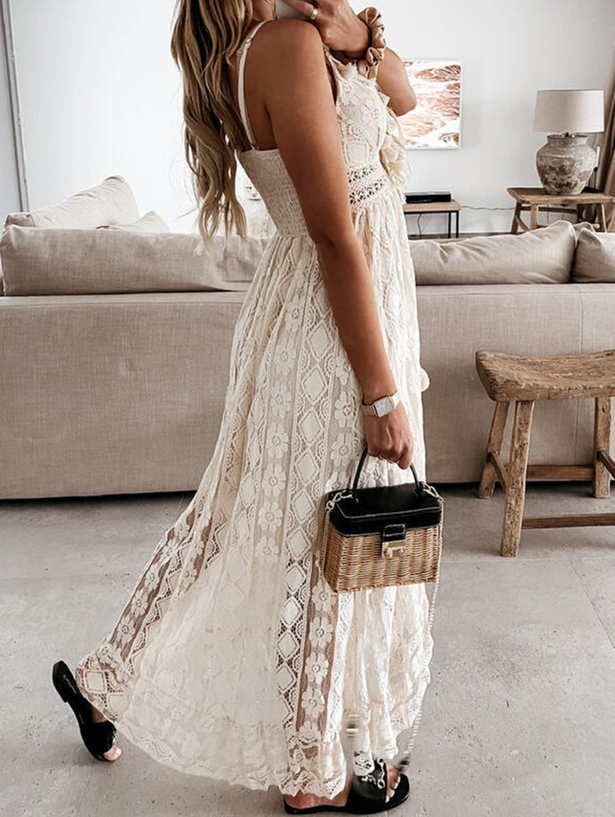 White lace strappy long dress by Christine Brewer, resort-style design with intricate lace details and flowing silhouette.