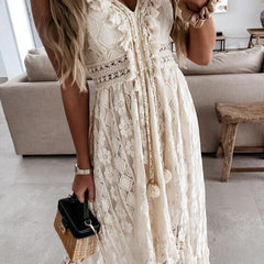 White lace strappy long dress by Christine Brewer featuring resort-style design and elegant, flowing fabric.