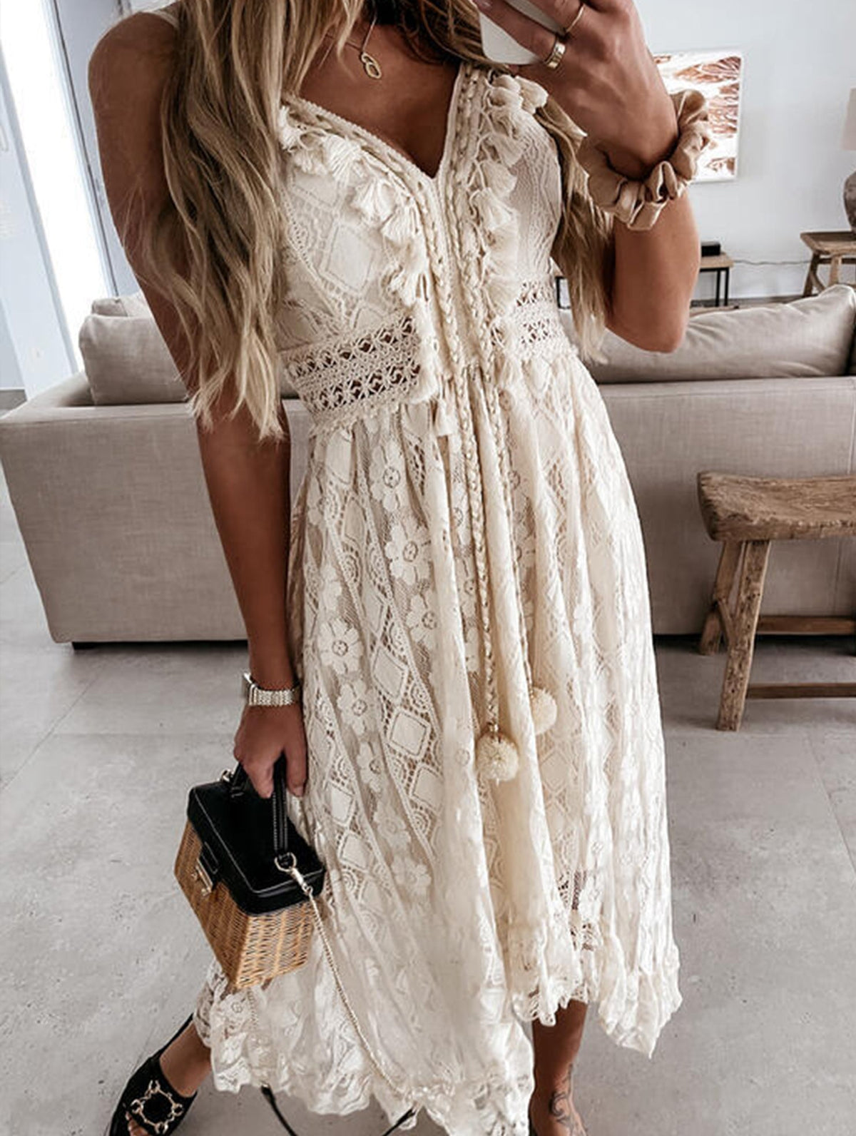 White lace strappy long dress by Christine Brewer featuring resort-style design and elegant, flowing fabric.