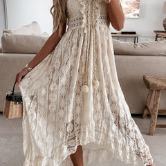 White lace strappy long dress by Christine Brewer featuring resort-style design and elegant flowy fabric.