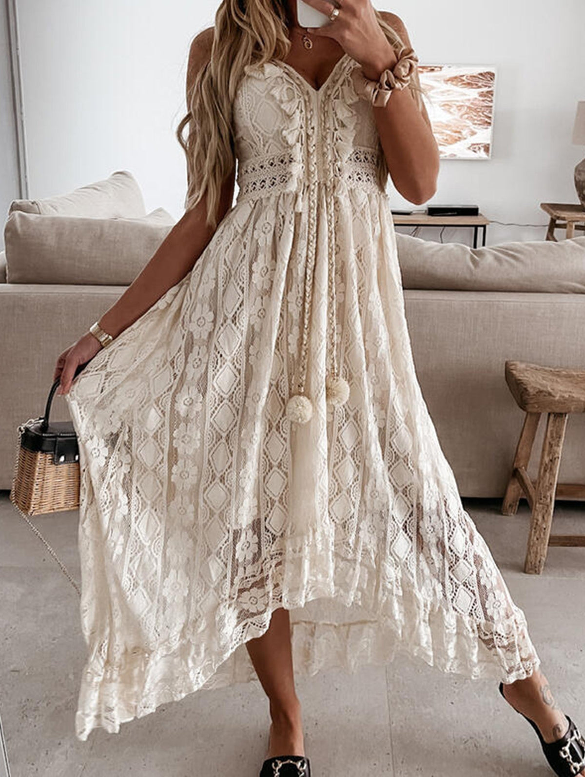 White lace strappy long dress by Christine Brewer featuring resort-style design and elegant flowy fabric.