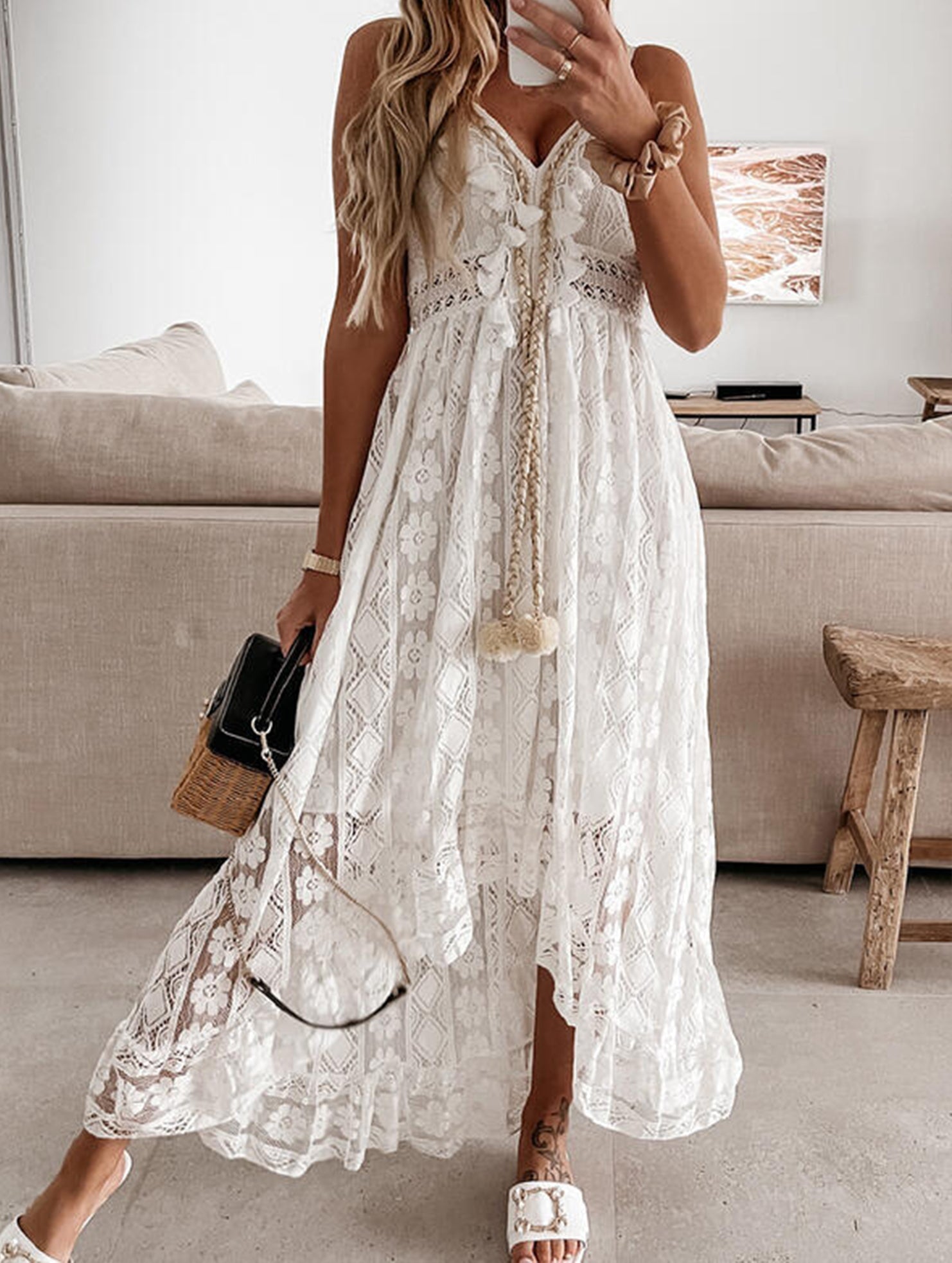White lace strappy long dress by Christine Brewer featuring resort-style design and elegant flowing fabric.