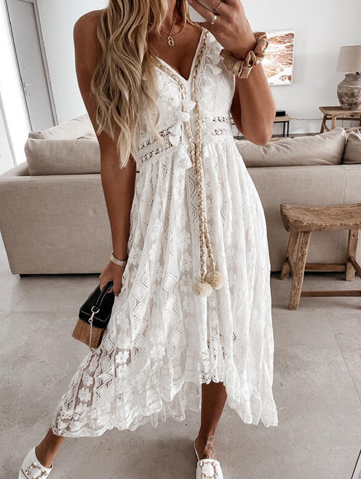 White resort-style lace strappy long dress by Christine Brewer, featuring elegant design and flowing fabric.