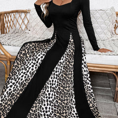 Black retro high waist leopard print patchwork dress by Christine Brewer, featuring bold animal print and vintage-inspired design.
