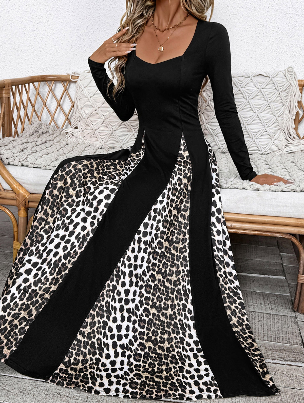 Black retro high waist leopard print patchwork dress by Christine Brewer, featuring bold animal print and vintage-inspired design.