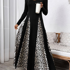 Black retro high waist leopard print patchwork dress by Christine Brewer, showcasing a stylish vintage-inspired dress with bold animal print.
