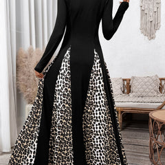 Black retro high waist leopard print patchwork dress by Christine Brewer, showcasing a stylish vintage-inspired design.