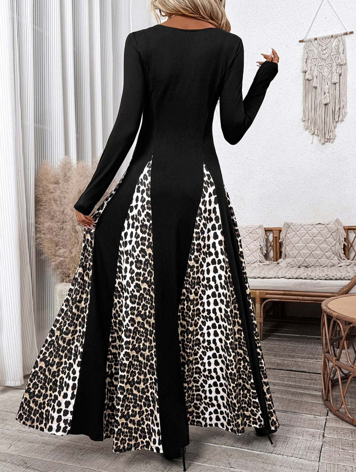 Black retro high waist leopard print patchwork dress by Christine Brewer, showcasing a stylish vintage-inspired design.